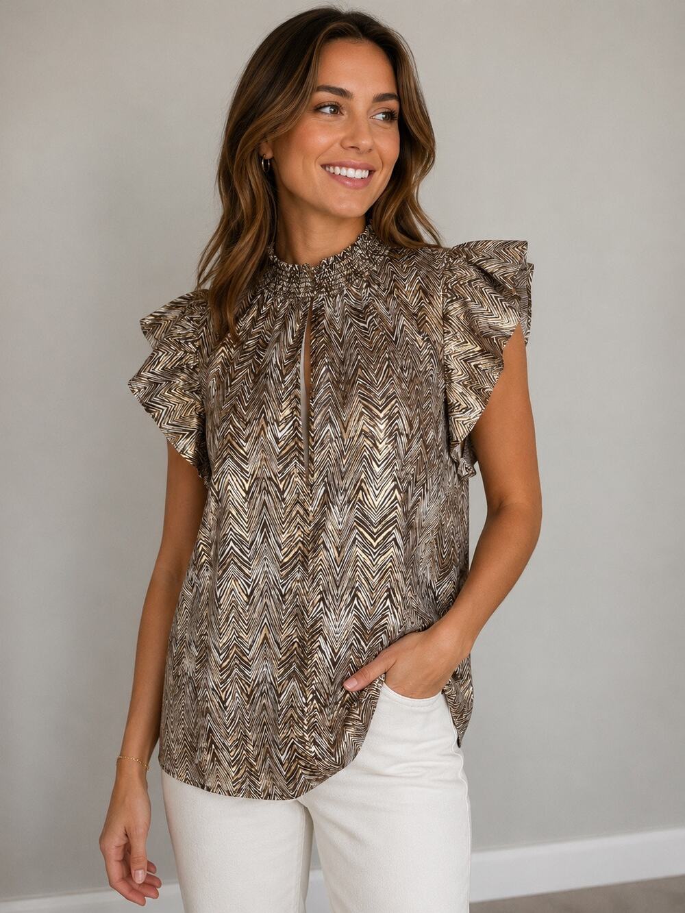 Jude Connally Brown Metallic Chevron Flutter Sleeve Blouse Size S NWOT